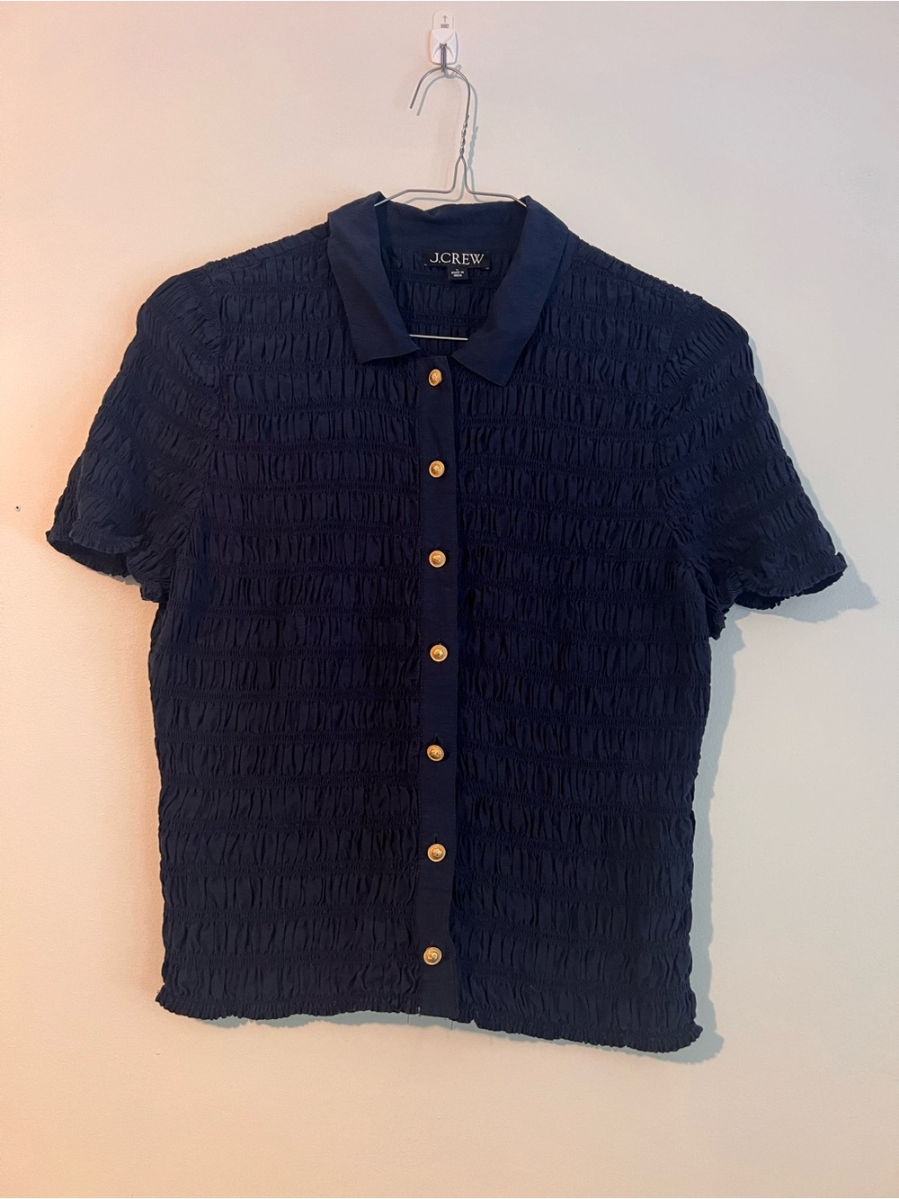 J. Crew Navy Textured Short-Sleeve Polo with Gold Buttons